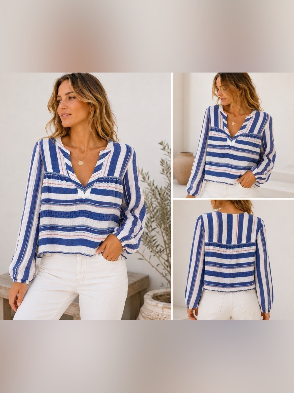 DRA Anthropologie Blue White Stripe Boho Peasant Blouse Split Neck Long Sleeve S
